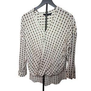 Zara Woman wrap blouse long sleeve high-low cream blue geometric pattern Size XS